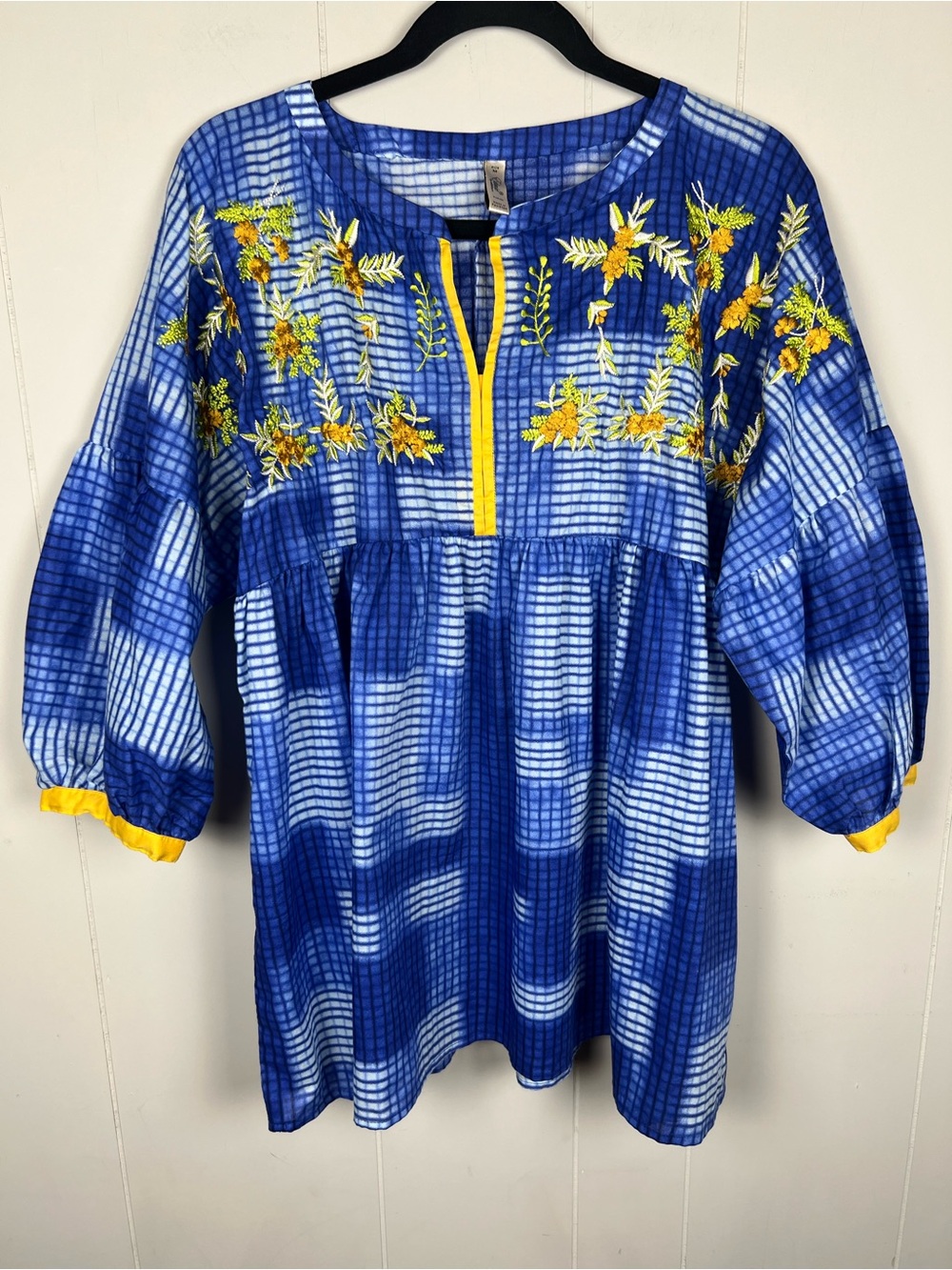 Embroidered Cotton Balloon Sleeve Boho Baby Doll Tunic Blue Yellow Size Medium